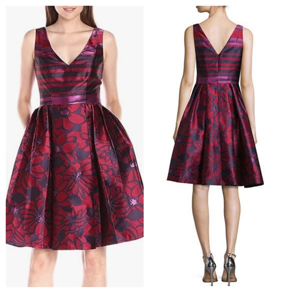 Badgley Mischka Deep V-Neck Combo Print Fit and Flare Party Dress